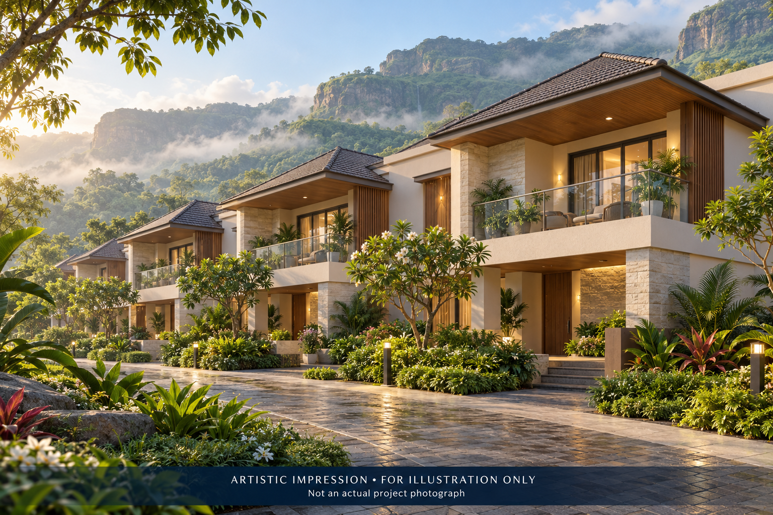 AI-generated conceptual row-villa artistic impression for illustration only; not the verified design or an actual photograph of Puraniks Sayama.